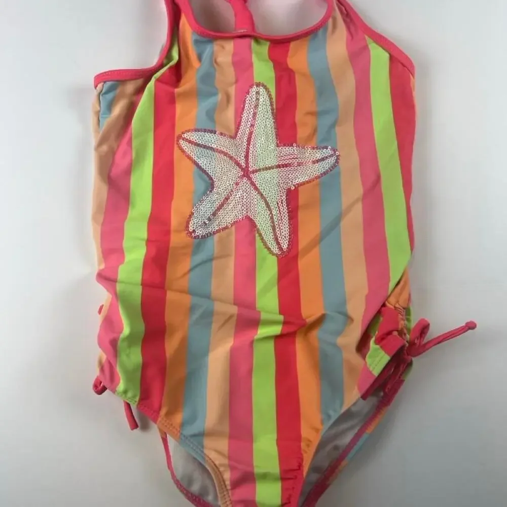 Girls One Piece Swimsuit with Starfish Striped